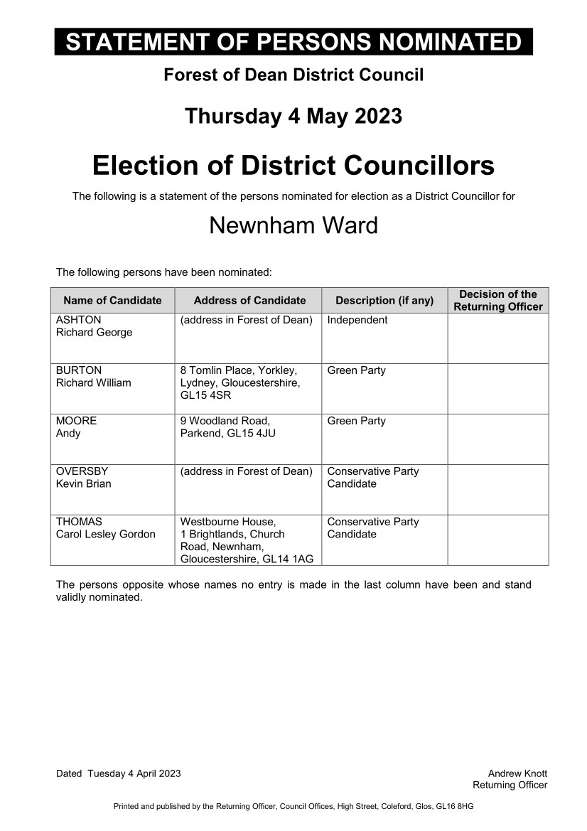 Election Notice-Statement of Persons Nominated Newnham Ward